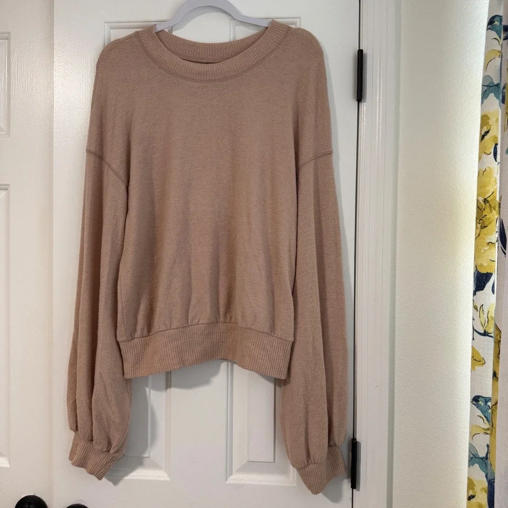 Free People Beach TGIF Sweater Long Balloon Sleeve Stretch Tan Blush Pink Small
